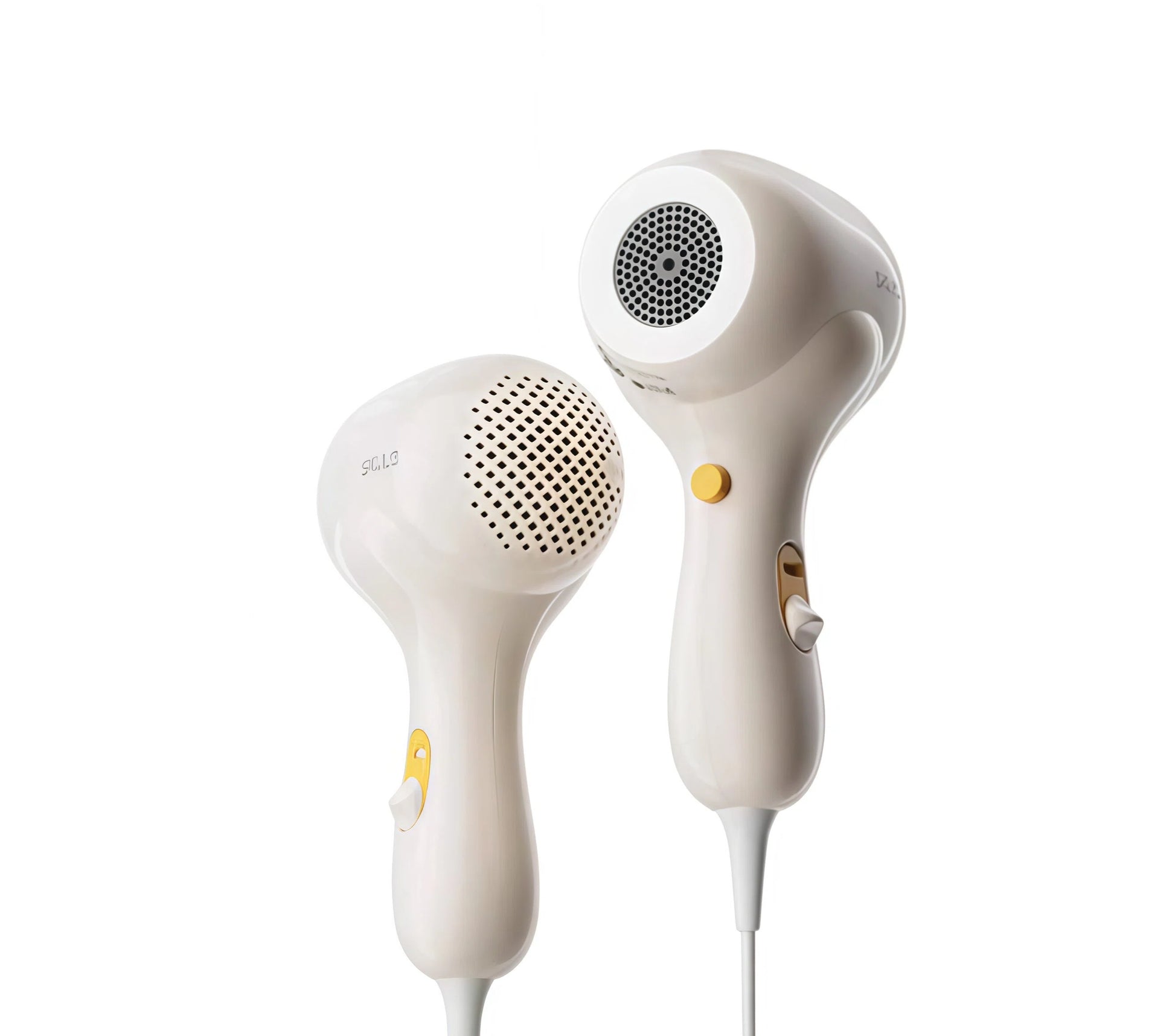 Side-by-side view of SKULD baby hair dryer wireless and wired versions; both feature sleek white design, ergonomic grip, and baby-safe materials