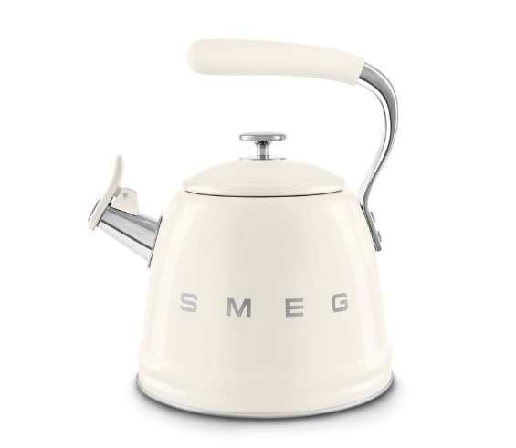 Front view of the SMEG 50's Styl[1][2]e Stovetop Whistling Kettle in a glossy cream finish with a chrome handle base and spout, shown on a white background.