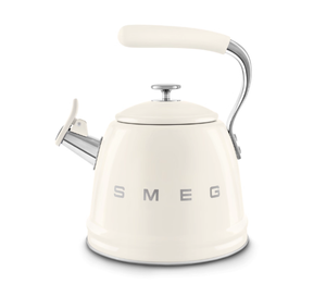 Front view of the SMEG 50's Styl[1][2]e Stovetop Whistling Kettle in a glossy cream finish with a chrome handle base and spout, shown on a white background.