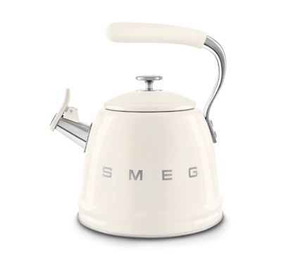 Front view of the SMEG 50's Styl[1][2]e Stovetop Whistling Kettle in a glossy cream finish with a chrome handle base and spout, shown on a white background.