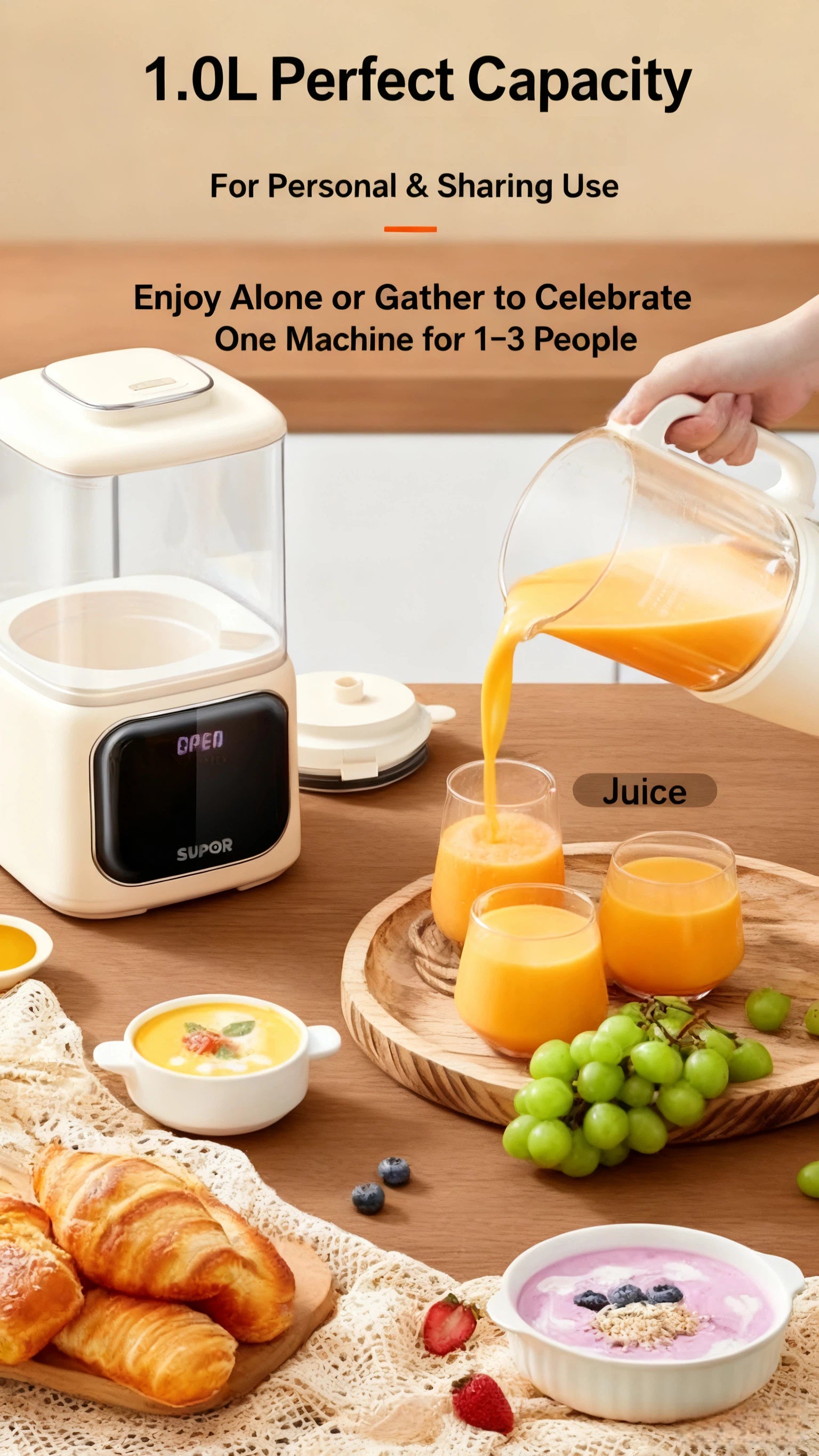  A lifestyle shot showing the SUPOR blender pouring fresh juice into glasses on a table set for a healthy breakfast. This highlights its versatile 1.0L capacity, ideal for both personal use and small families.