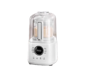  Front view of the white SUPOR 1.2L Low-Noise High-Speed Blender, featuring its sound-proof shield, digital display showing a 26-minute timer, and a compact base with multiple function buttons.