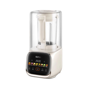 The SUPOR 1.5L Low-Noise Blender in a sleek off-white design, featuring a large interactive LED display, a sound-dampening shield, and a durable glass pitcher for making healthy soups and smoothies.