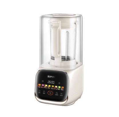 The SUPOR 1.5L Low-Noise Blender in a sleek off-white design, featuring a large interactive LED display, a sound-dampening shield, and a durable glass pitcher for making healthy soups and smoothies.