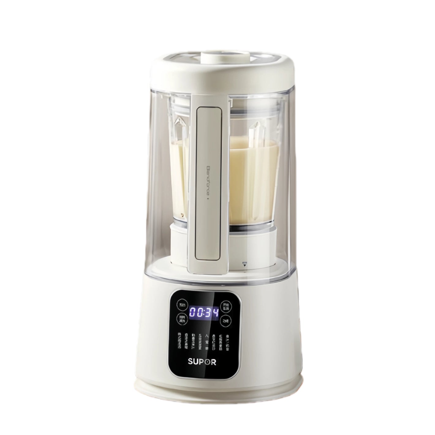 The SUPOR 1.5L Quiet High-Speed Blender in a clean white finish, featuring its digital control panel, clear soundproof cover, and a glass pitcher filled with freshly made soy milk.