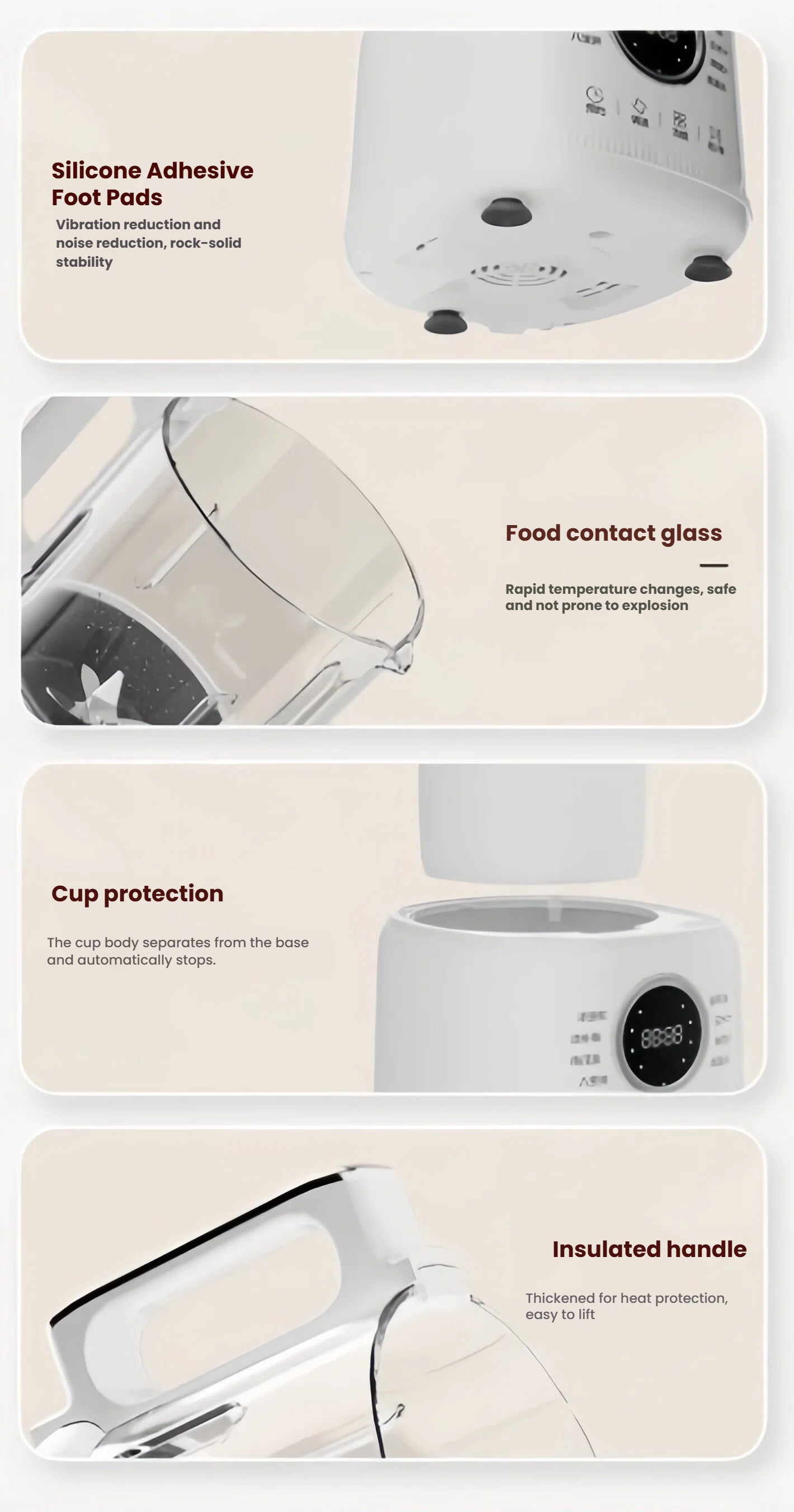 A collage showcasing four key design features of the SUPOR blender: 1) Silicone adhesive foot pads for vibration reduction and stability. 2) Durable food-contact glass pitcher. 3) Cup protection sensor that automatically stops the blender when the pitcher is lifted. 4) A thick, insulated handle for safe and easy pouring of hot liquids.