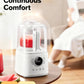 The SUPOR blender making a red fruit smoothie on a kitchen table, demonstrating its quiet operation at only 45dB. This is compared to a refrigerator (40dB) and normal conversation (60dB) to highlight its low-noise performance.