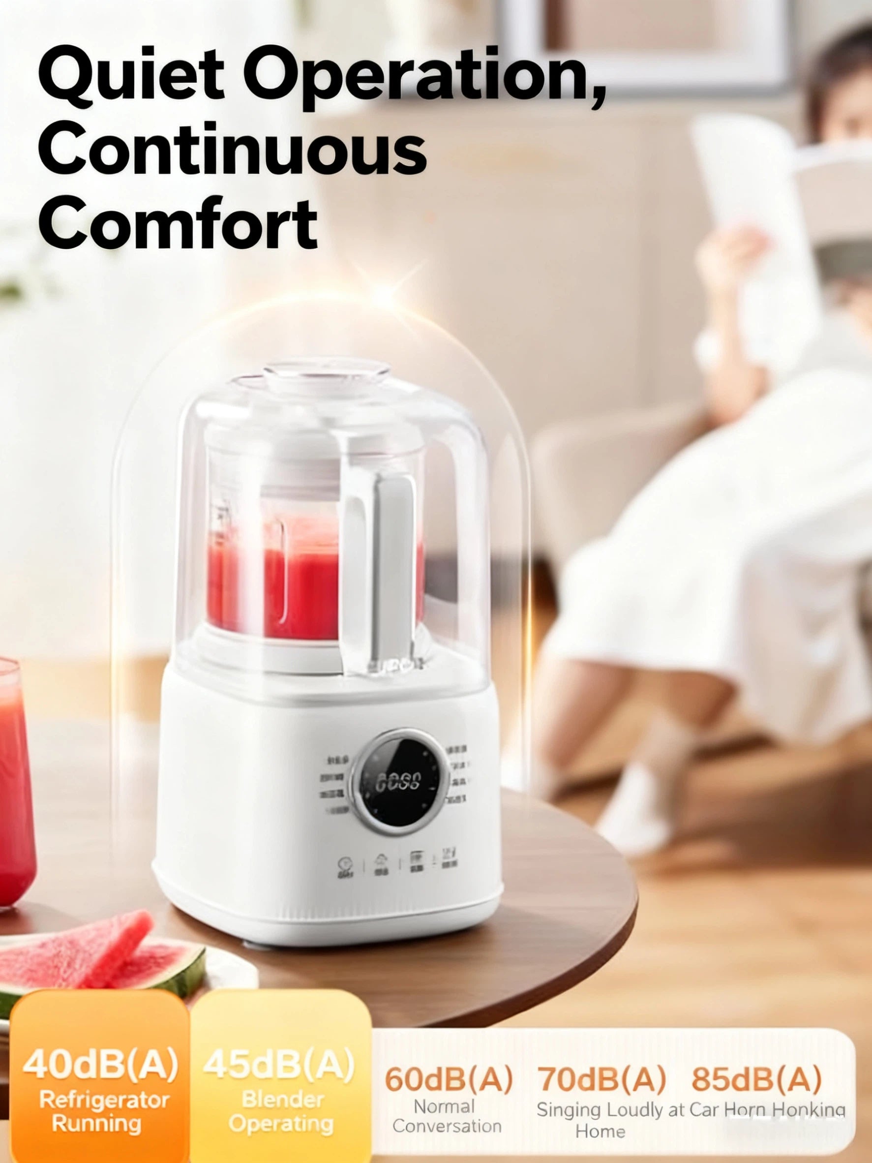 The SUPOR blender making a red fruit smoothie on a kitchen table, demonstrating its quiet operation at only 45dB. This is compared to a refrigerator (40dB) and normal conversation (60dB) to highlight its low-noise performance.