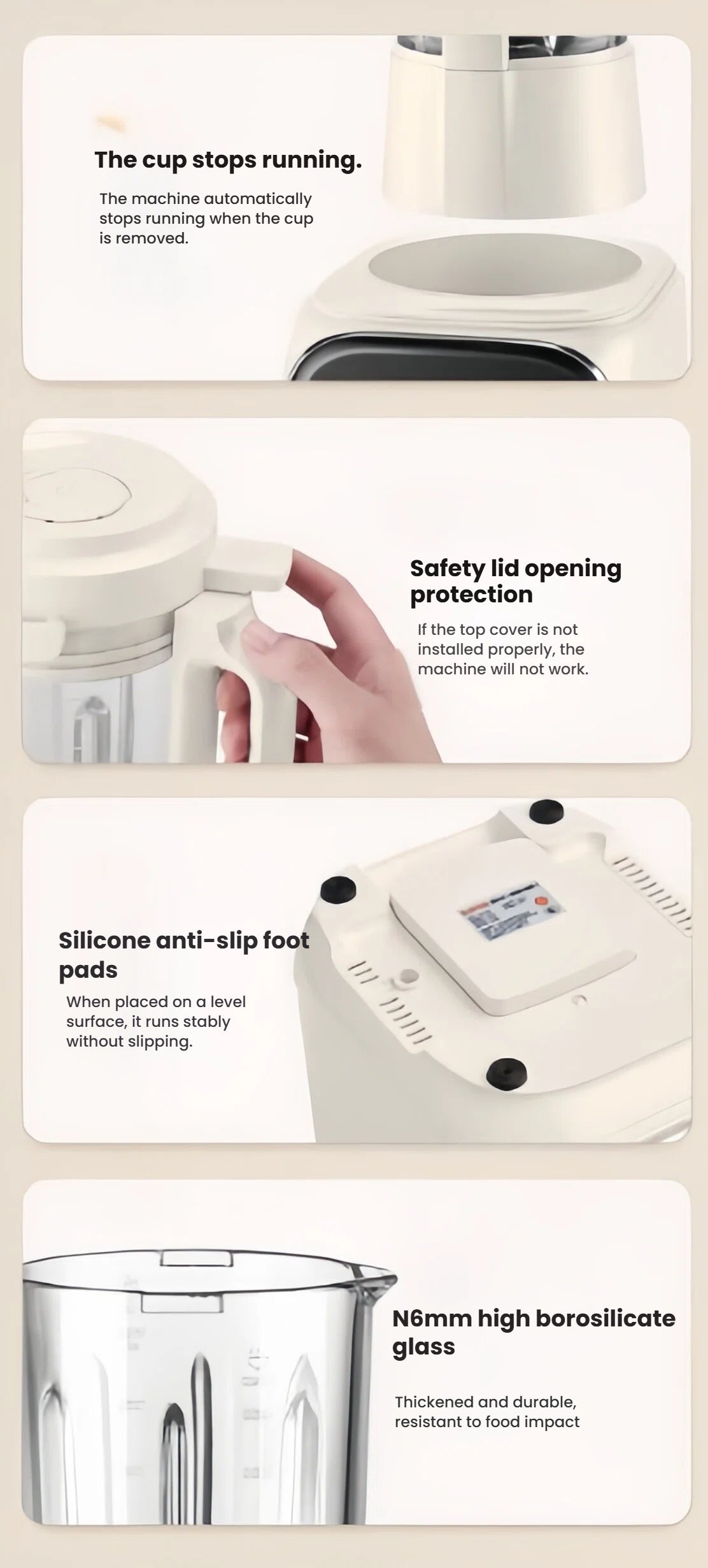 A detailed showcase of four key safety and design features of the SUPOR blender: 1) Auto-stop function when the cup is removed. 2) Safety lid protection that prevents operation if not installed correctly. 3) Silicone anti-slip foot pads for stability. 4) Thick and durable N6mm high borosilicate glass pitcher.
