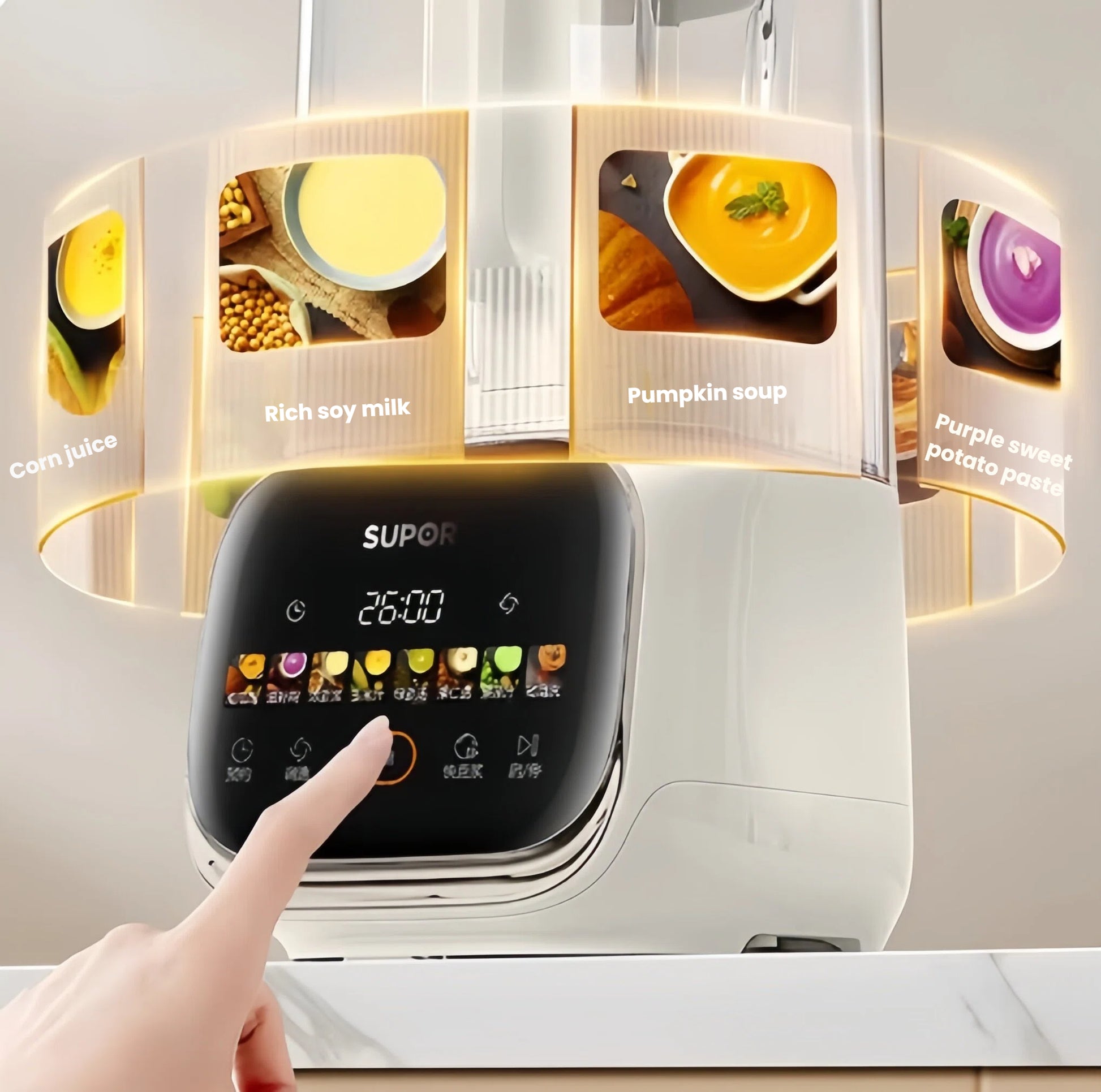 A close-up of the SUPOR blender's intuitive touch screen. A finger is selecting a program from a variety of illustrated options, including corn juice, rich soy milk, pumpkin soup, and purple sweet potato paste, showcasing its versatility.