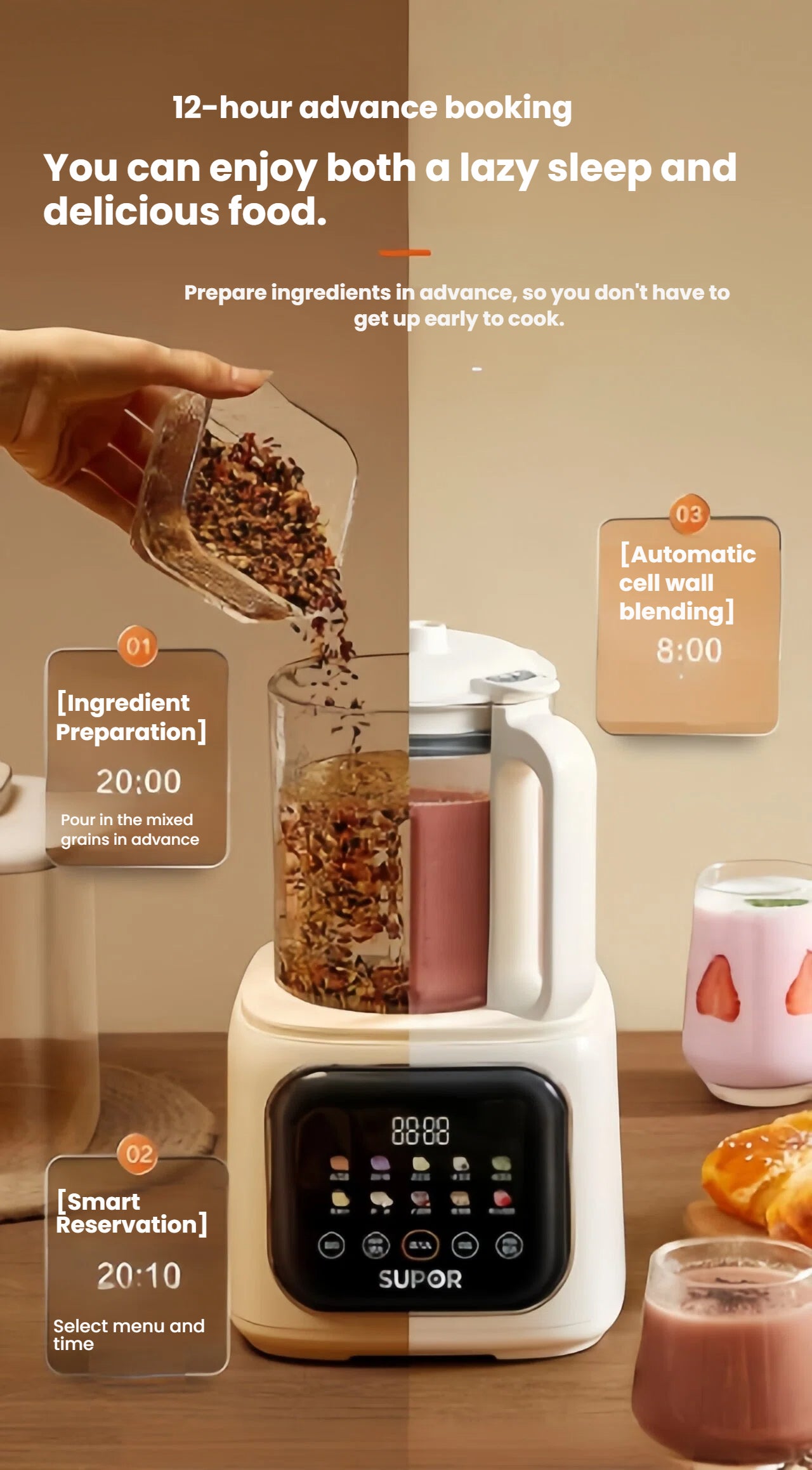 An infographic illustrating the convenient 12-hour advance booking feature of the SUPOR blender. It shows the three easy steps: adding ingredients, setting the smart reservation time, and the blender automatically preparing the food later.