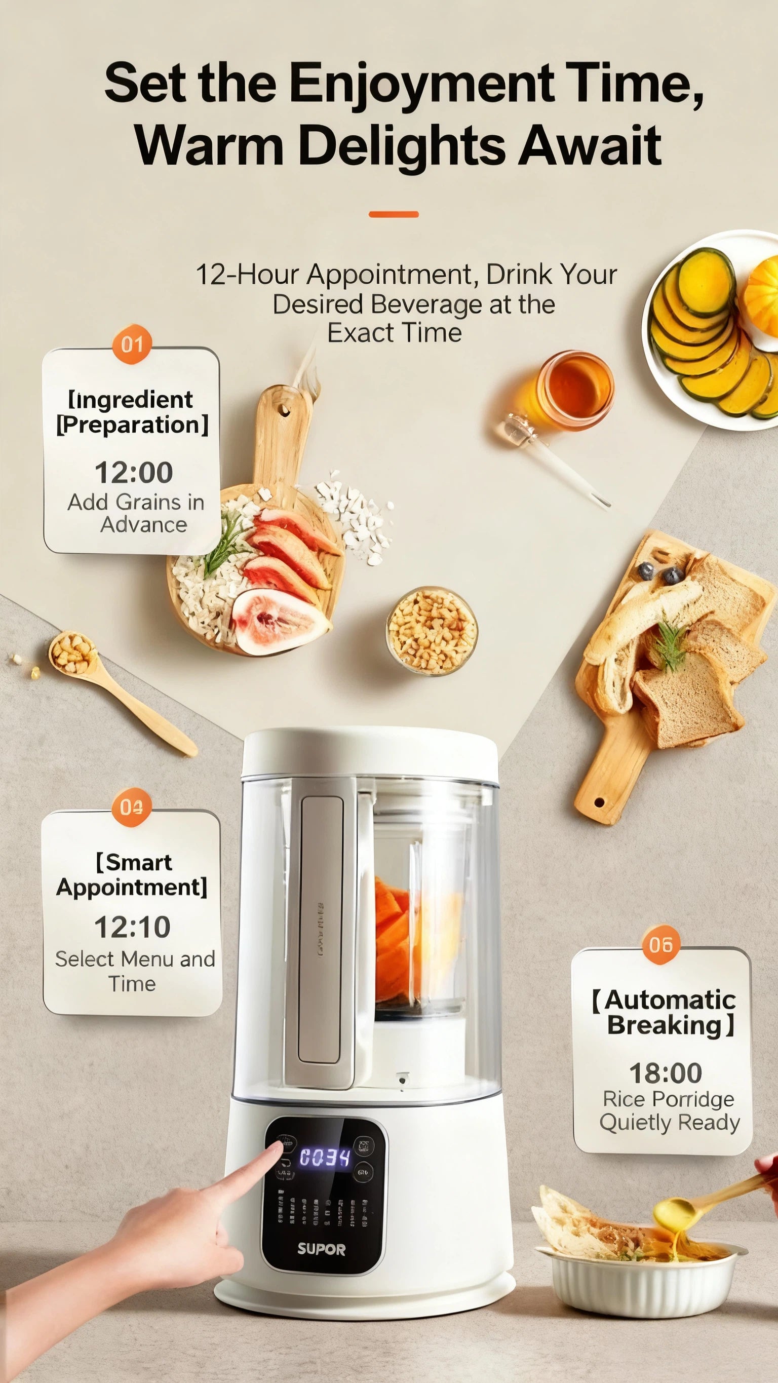  A step-by-step visual guide of the SUPOR blender's 12-hour smart appointment feature. It shows adding ingredients in advance, setting the timer via the control panel, and the blender automatically preparing rice porridge at the scheduled time.