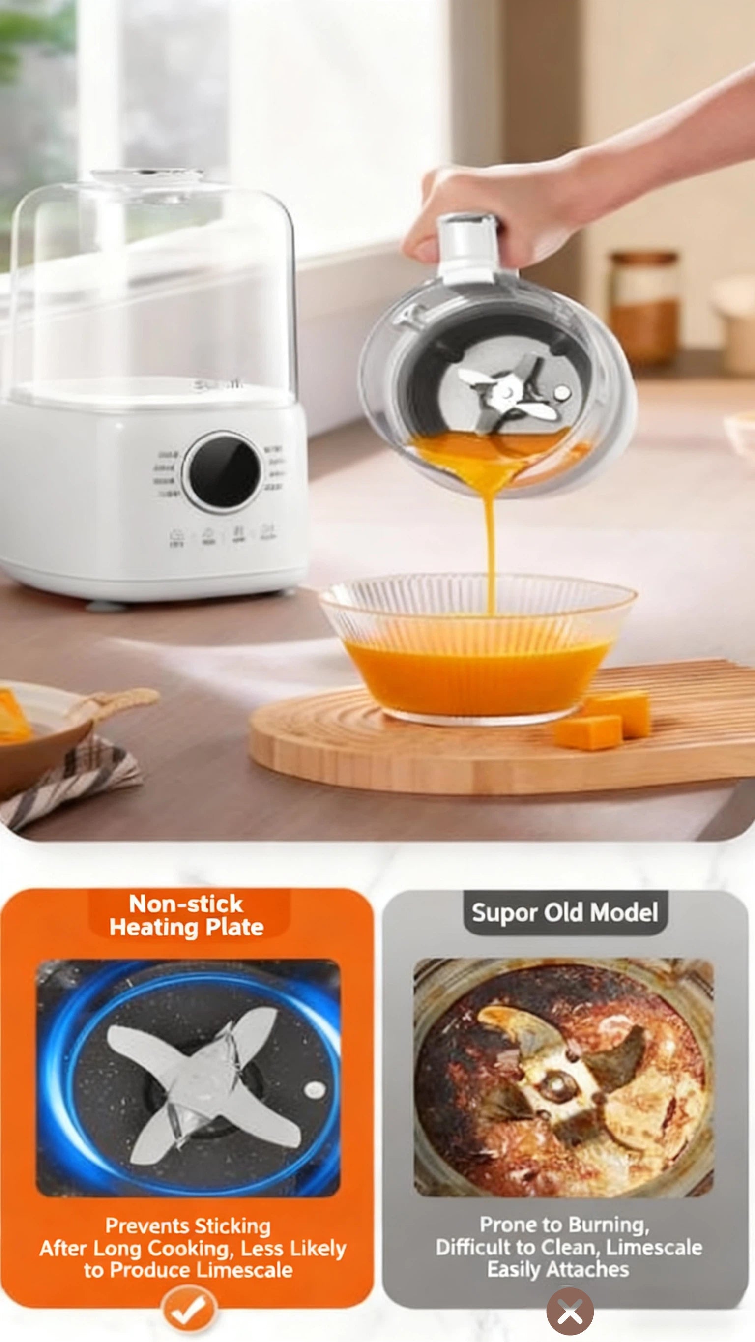 A feature comparison showing the SUPOR blender's clean, non-stick heating plate, which prevents food from sticking and burning during cooking. This is contrasted with an old model's burnt and difficult-to-clean base, highlighting the new design's superiority.