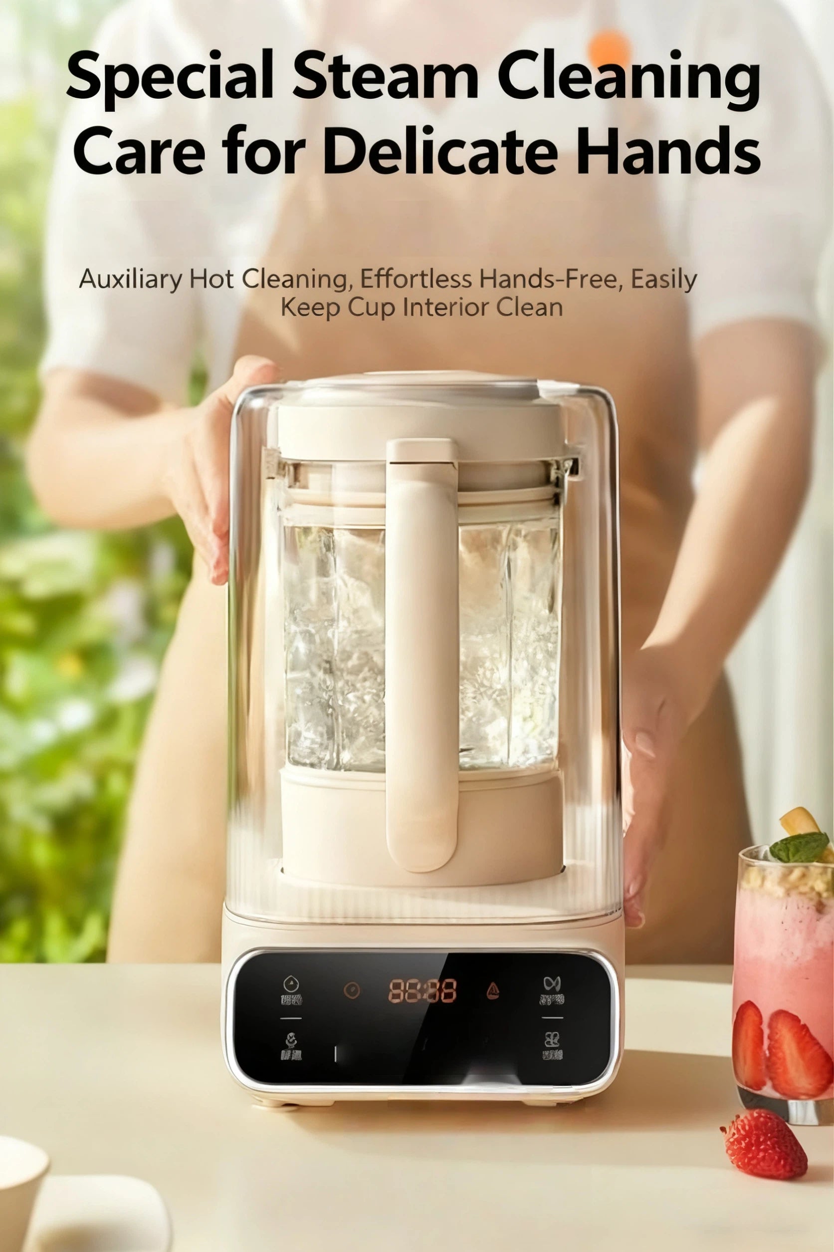 The SUPOR blender is shown during its hot steam cleaning cycle, which effortlessly and hygienically cleans the interior of the blending cup, making cleanup hands-free and easy.