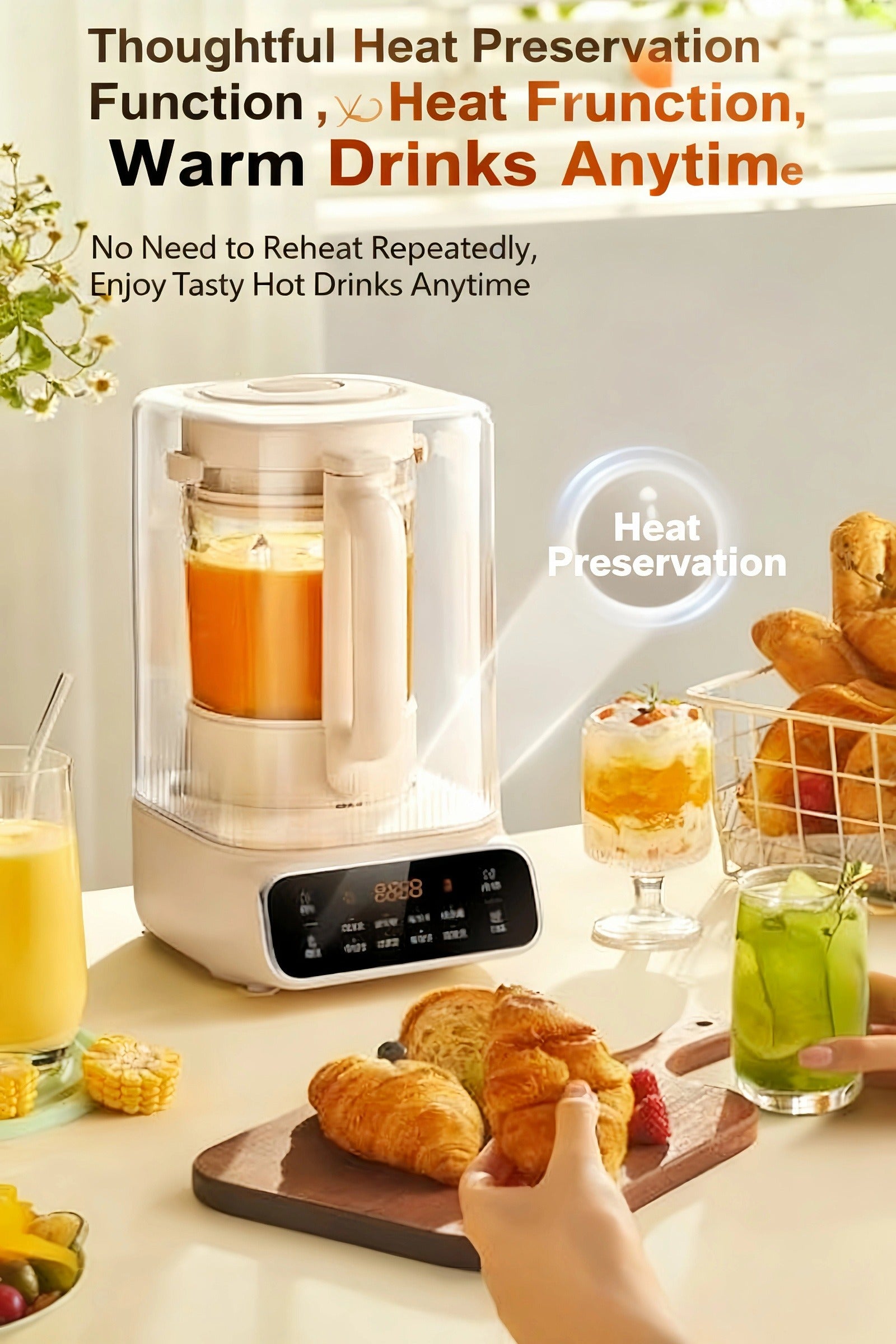 The SUPOR blender on a breakfast table, highlighting its "Heat Preservation" function. This feature keeps hot drinks like soups and juices warm, so there's no need to reheat them repeatedly.
