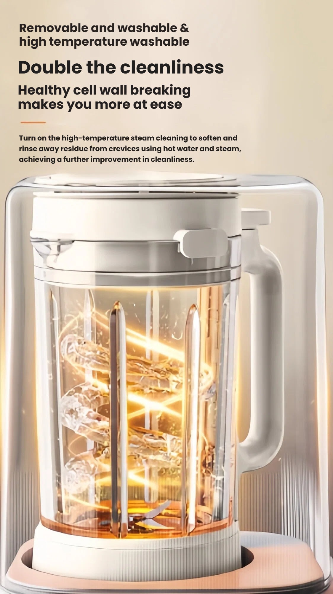  An illustration of the SUPOR blender's interior during its high-temperature steam cleaning cycle. This feature effectively removes residue from crevices, ensuring double the cleanliness and hygienic food preparation.