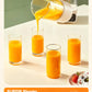 A person pouring fresh orange juice from the SUPOR blender's pitcher into four tall glasses. The graphic indicates its capacity for cold drinks is 1200ml (6 cups) or 800ml (4 cups), making it perfect for family servings.