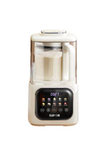  Front view of the cream-colored SUPOR High-Speed Blender with a smart lid, featuring a lit-up digital control panel and a pitcher filled with fresh soy milk.