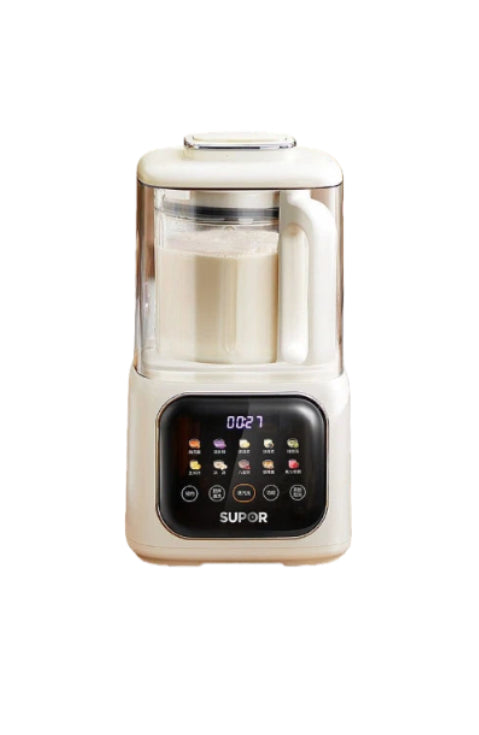 Front view of the cream-colored SUPOR High-Speed Blender with a smart lid, featuring a lit-up digital control panel and a pitcher filled with fresh soy milk.