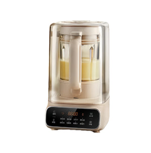 The SUPOR multi-function high-speed blender in a stylish beige finish, featuring its soundproof cover, a digital LED display, and the blending cup filled with fresh soy milk.