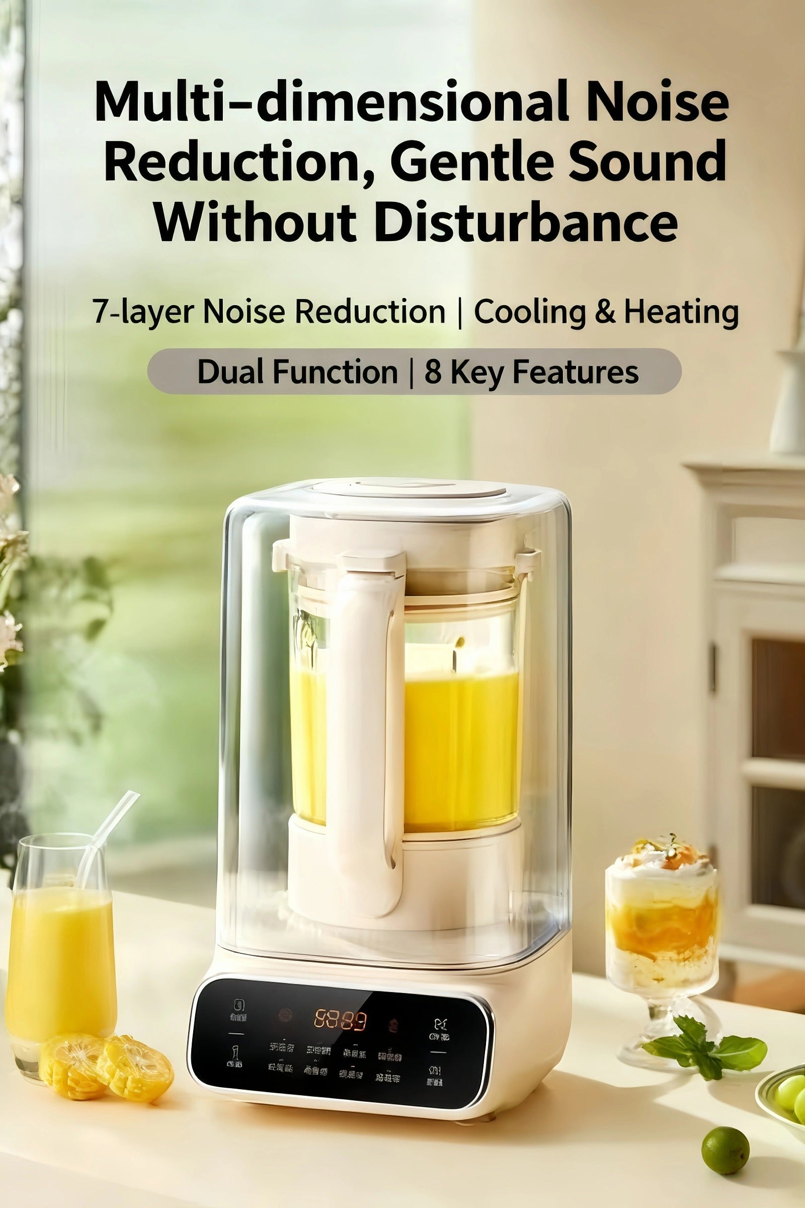The SUPOR blender operating quietly on a kitchen counter. The image highlights its "7-layer Noise Reduction" and "Cooling & Heating Dual Function" for a gentle, disturbance-free blending experience.