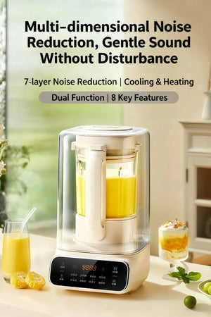 The SUPOR blender operating quietly on a kitchen counter. The image highlights its "7-layer Noise Reduction" and "Cooling & Heating Dual Function" for a gentle, disturbance-free blending experience.