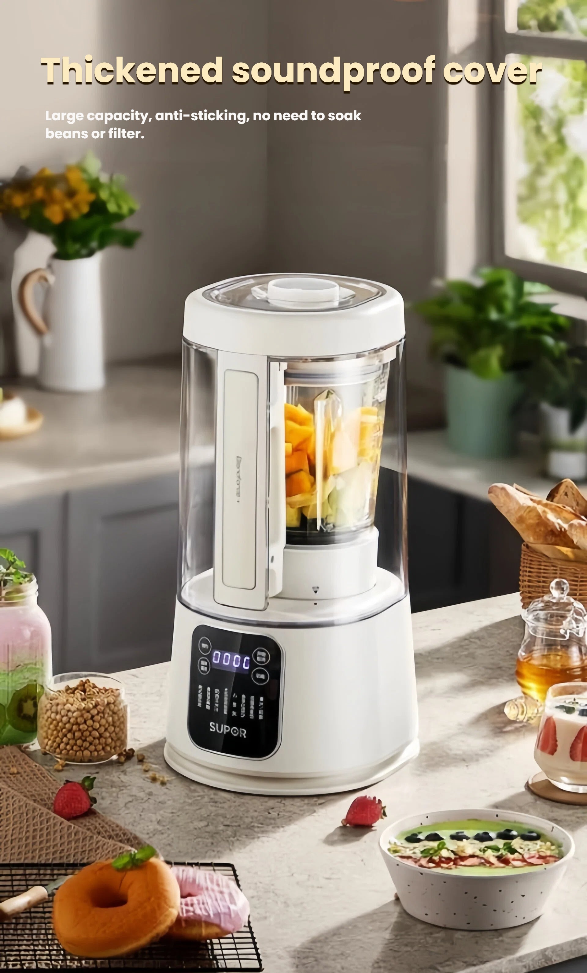 The SUPOR blender shown in a bright, modern kitchen setting, blending fruits. The image highlights the thickened soundproof cover that enables quiet operation, making it a perfect addition to any home.