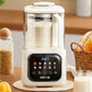 The SUPOR smart blender operating quietly on a kitchen counter while making soy milk. The image emphasizes its quiet performance (down to 40.9 dB), anti-burning base, and easy-to-clean design for a comfortable user experience.