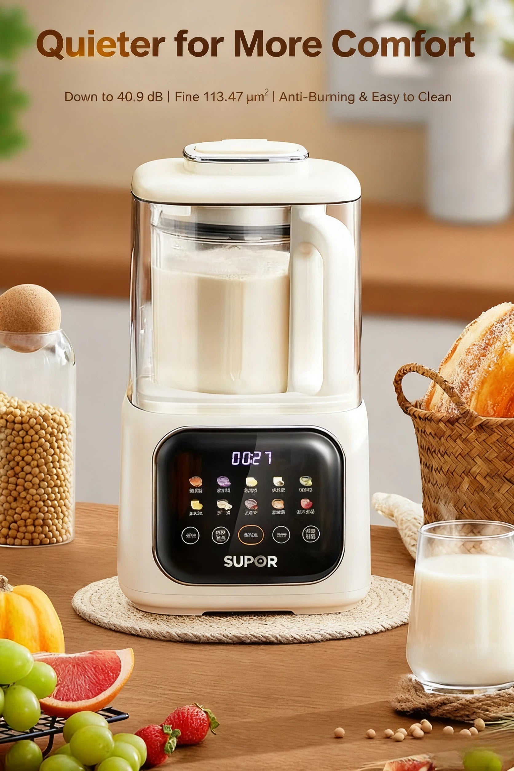 The SUPOR smart blender operating quietly on a kitchen counter while making soy milk. The image emphasizes its quiet performance (down to 40.9 dB), anti-burning base, and easy-to-clean design for a comfortable user experience.