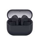 The graphite Samsung Galaxy Buds3 FE wireless earbuds resting inside their open charging case, viewed from the front.
