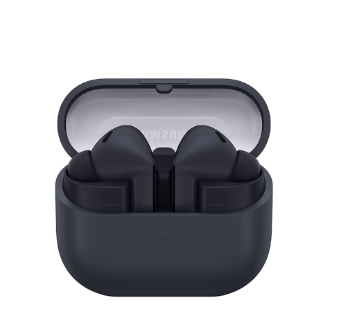 The graphite Samsung Galaxy Buds3 FE wireless earbuds resting inside their open charging case, viewed from the front.
