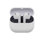 The white Samsung Galaxy Buds3 FE wireless earbuds with black eartips, shown inside their open white charging case.