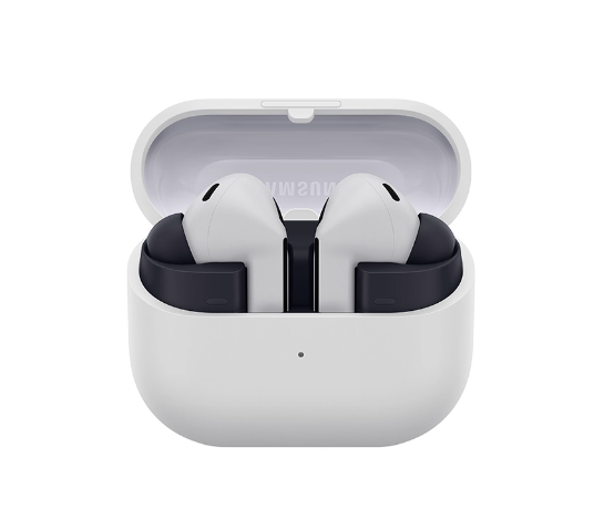 The white Samsung Galaxy Buds3 FE wireless earbuds with black eartips, shown inside their open white charging case.
