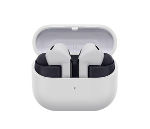 The white Samsung Galaxy Buds3 FE wireless earbuds with black eartips, shown inside their open white charging case.