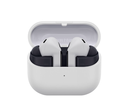 The white Samsung Galaxy Buds3 FE wireless earbuds with black eartips, shown inside their open white charging case.