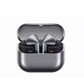 The graphite Samsung Galaxy Buds3 Pro wireless earbuds in their open charging case, showcasing the sleek metallic finish and futuristic Blade Lights.