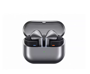 The graphite Samsung Galaxy Buds3 Pro wireless earbuds in their open charging case, showcasing the sleek metallic finish and futuristic Blade Lights.
