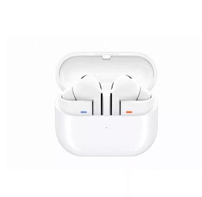 The white Samsung Galaxy Buds3 Pro wireless earbuds shown in their open charging case, highlighting the new stem design with Blade Lights.