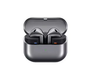The Samsung Galaxy Buds3 in a sleek graphite color, resting in their open charging case, showcasing the modern metallic finish and premium design