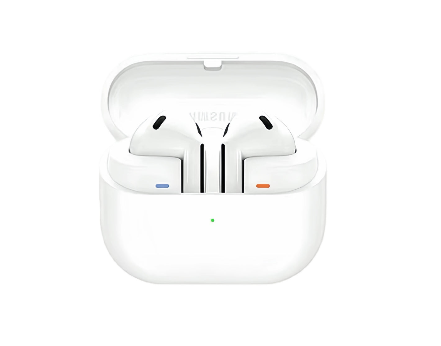 The all-new Samsung Galaxy Buds3 in a clean white finish, shown inside their open charging case, highlighting the redesigned open-fit stem design and Blade Lights.
