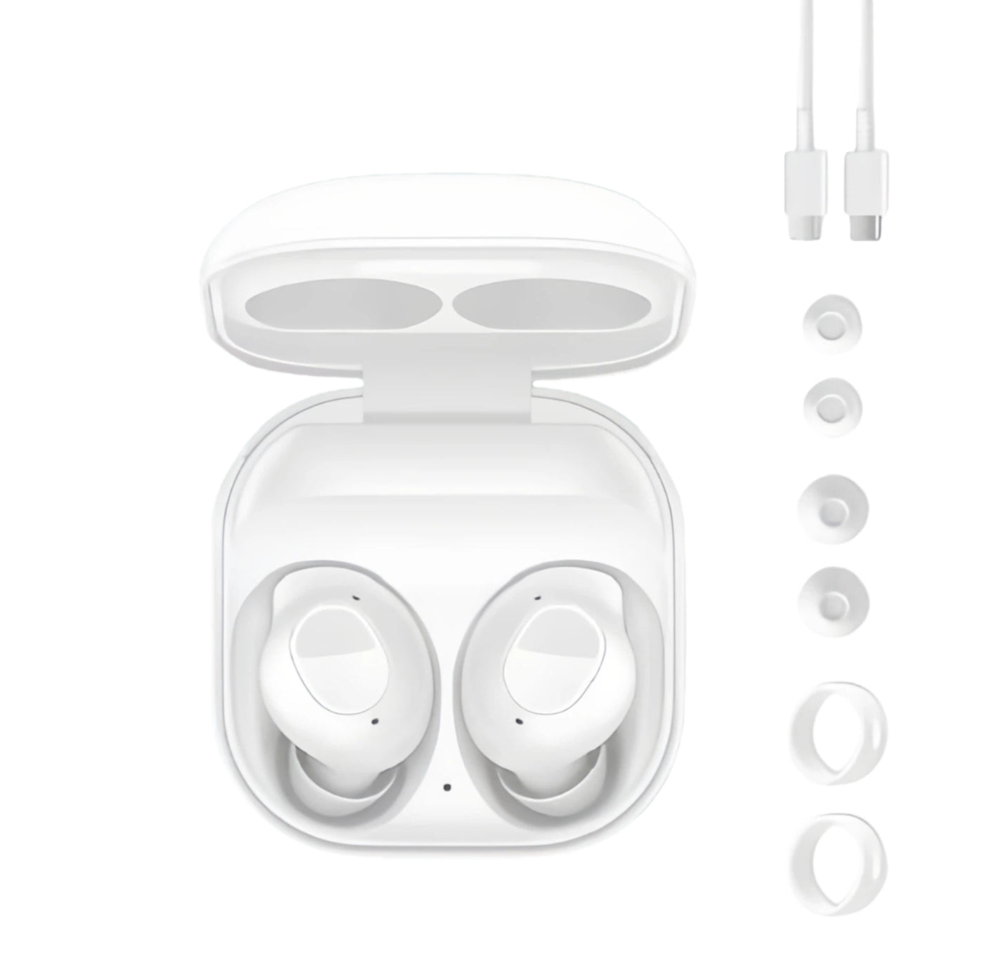 The complete Samsung Galaxy Buds FE package in white, including the earbuds inside the open charging case, a USB-C cable, and a full set of various-sized eartips and wingtips for a customizable fit.