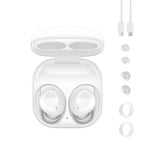 The complete Samsung Galaxy Buds FE package in white, including the earbuds inside the open charging case, a USB-C cable, and a full set of various-sized eartips and wingtips for a customizable fit.