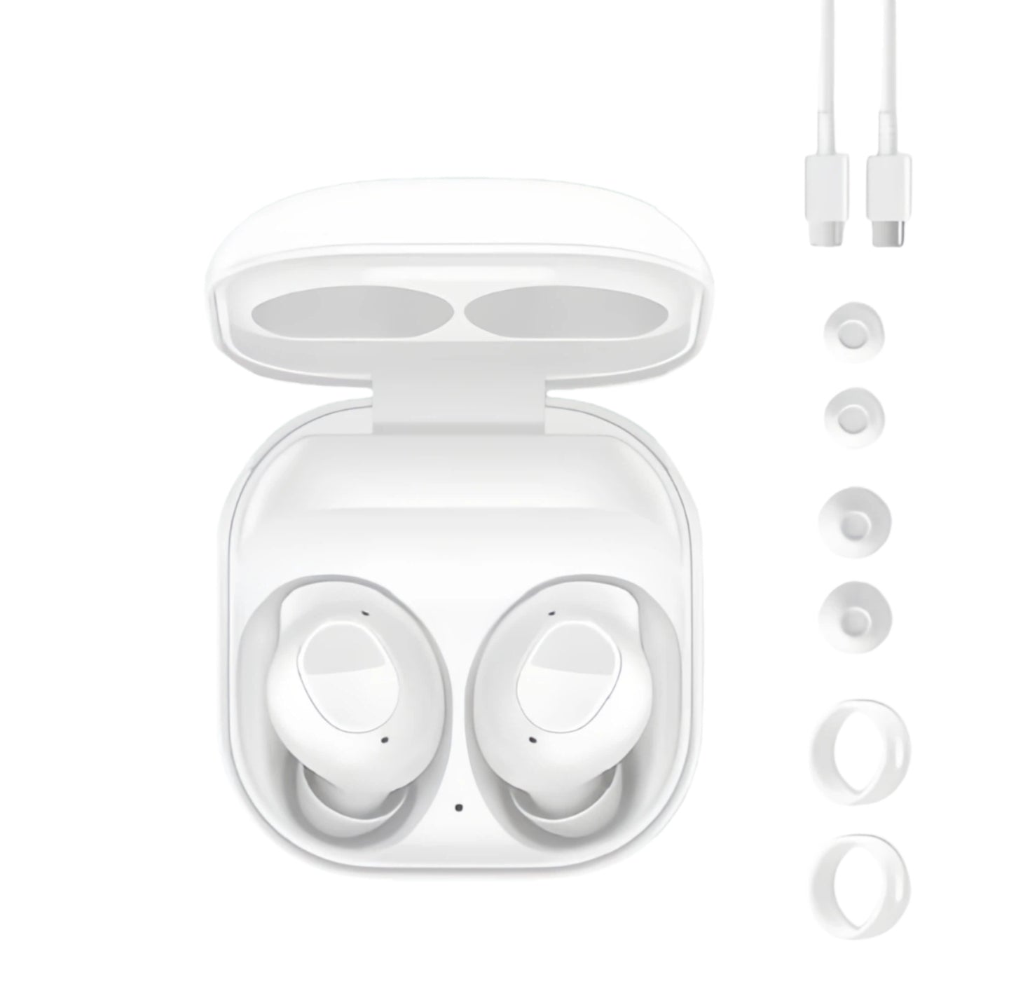 The complete Samsung Galaxy Buds FE package in white, including the earbuds inside the open charging case, a USB-C cable, and a full set of various-sized eartips and wingtips for a customizable fit.