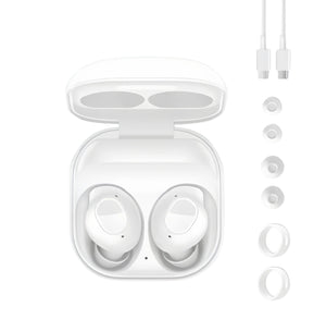 The complete Samsung Galaxy Buds FE package in white, including the earbuds inside the open charging case, a USB-C cable, and a full set of various-sized eartips and wingtips for a customizable fit.