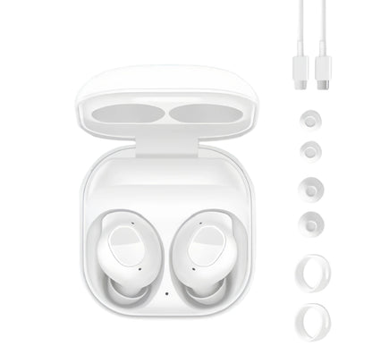 The complete Samsung Galaxy Buds FE package in white, including the earbuds inside the open charging case, a USB-C cable, and a full set of various-sized eartips and wingtips for a customizable fit.