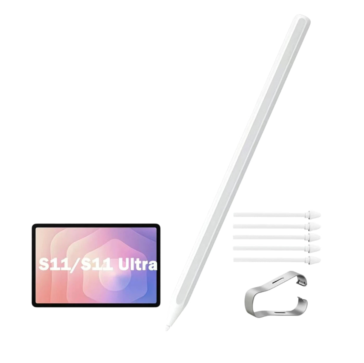 Samsung Galaxy Tab S11 S Pen stylus shown with five replacement pen tips and a metal clip, designed for seamless use with Samsung Galaxy Tab S11 and S11 Ultra tablets. Ideal for note-taking, drawing, and precise digital input.