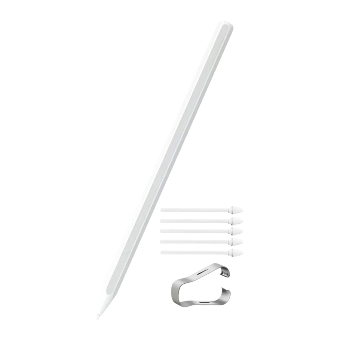 Complete Samsung Galaxy Tab S11 S Pen stylus kit featuring the main stylus, five spare tips, and a metal clip. Designed for long-term use, precision writing, and easy attachment to your tablet.