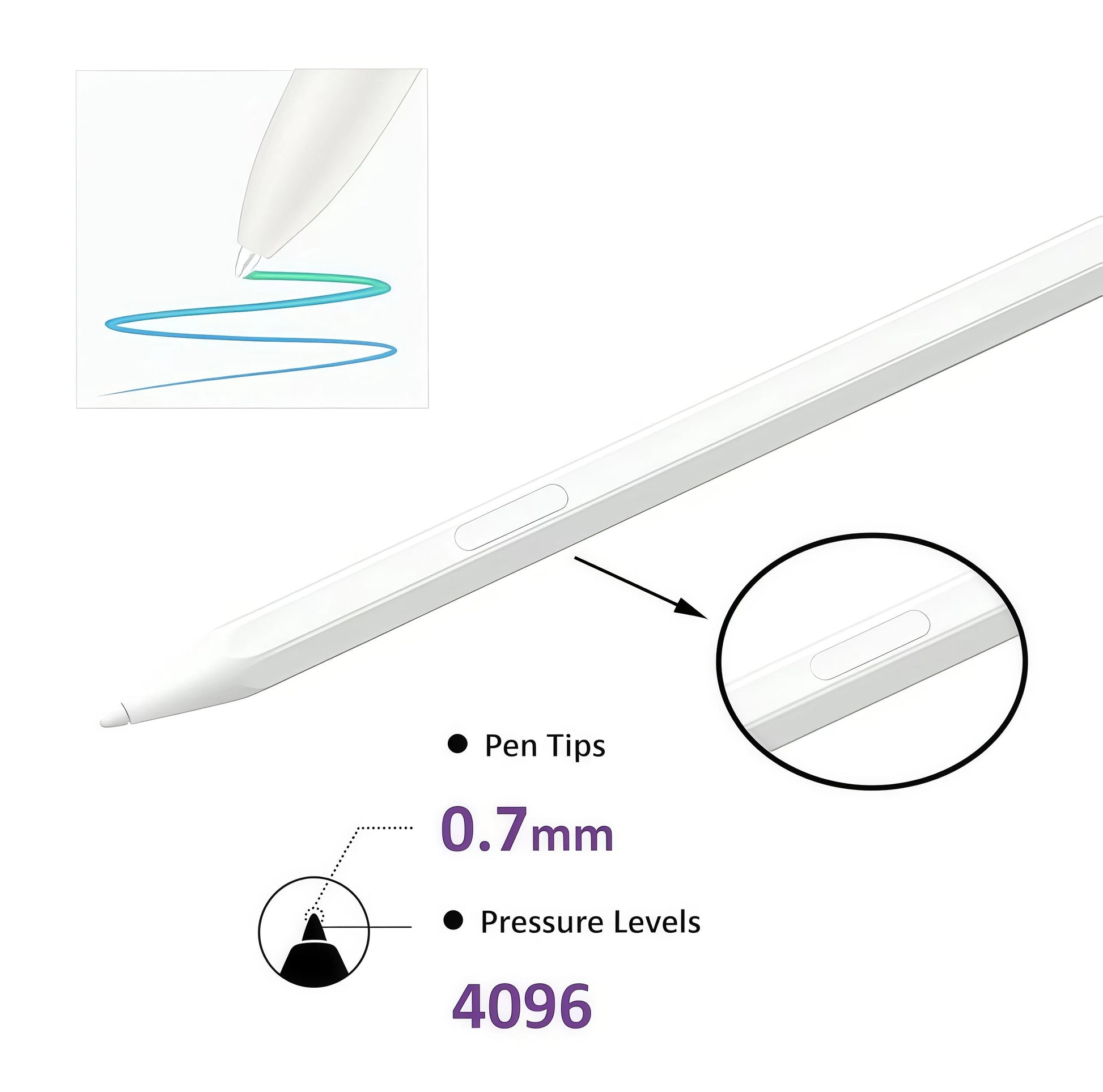 Close-up view of the Samsung Galaxy Tab S11 S Pen stylus showcasing its ultra-fine 0.7mm tip and 4096-level pressure sensitivity. Enables smooth, natural handwriting and detailed digital art on compatible tablets.