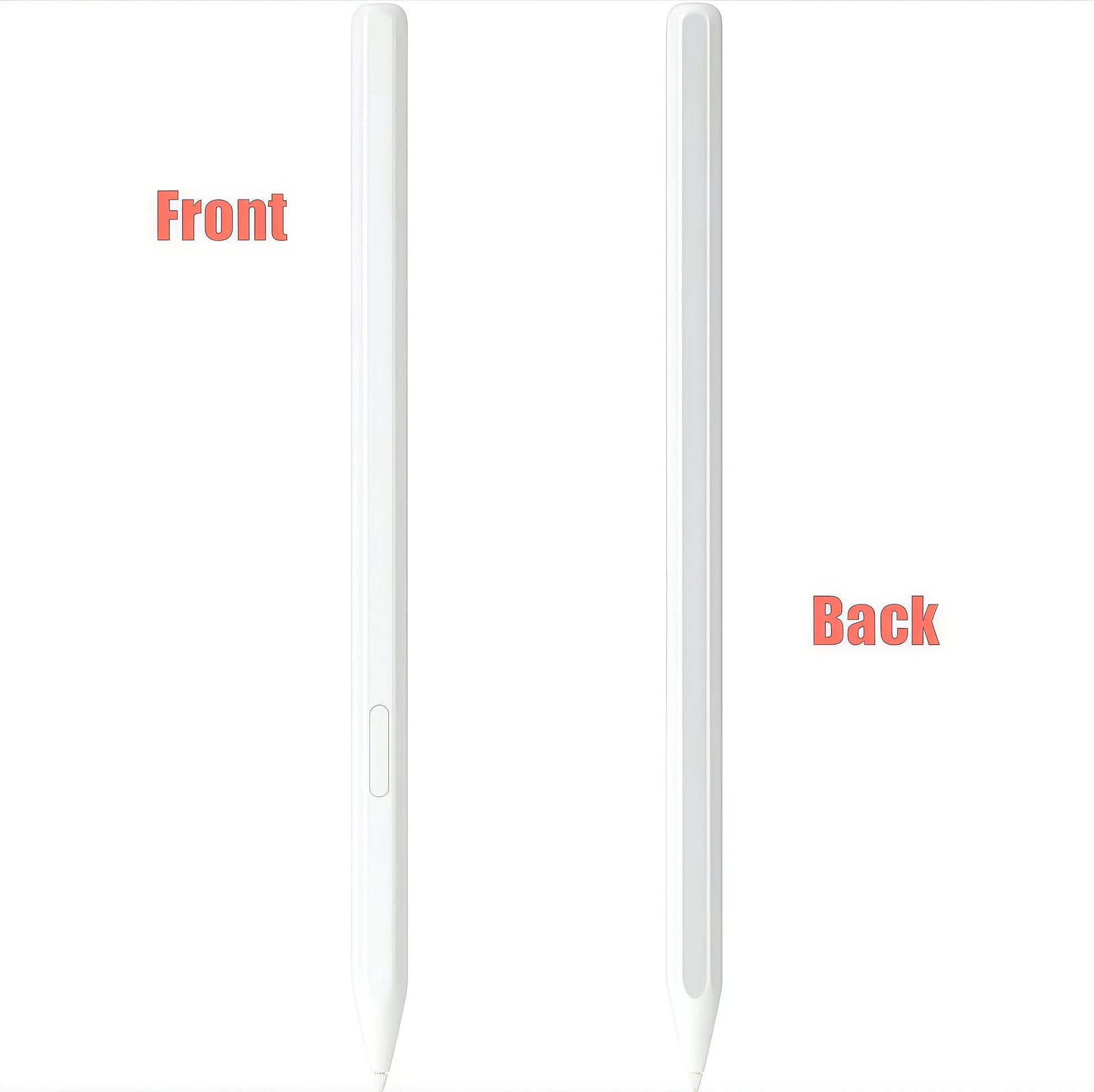 Front and back views of the Samsung Galaxy Tab S11 S Pen stylus highlighting its sleek white design, ergonomic grip, and side button for quick access to features like screen capture or shortcut tools.