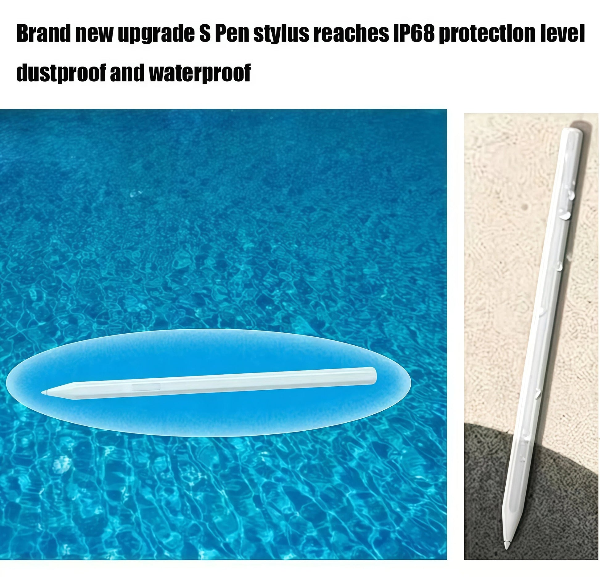 The Samsung Galaxy Tab S11 S Pen stylus is shown floating in water, demonstrating its IP68-rated dustproof and waterproof design. Built for durability and reliable performance in real-world conditions.